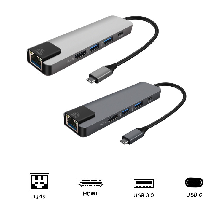 Hub USB Type C 5 in 1 To HDMI, RJ45, 2 x USB 3.0, USB Type C - Màu Ngẫu Nhiên