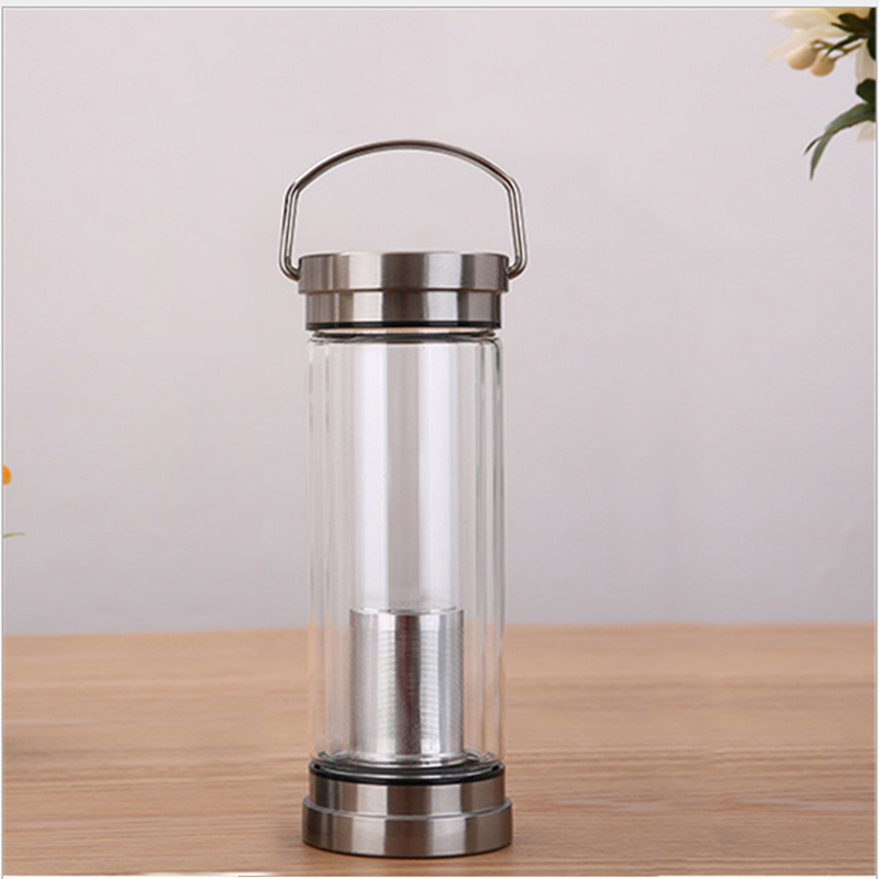 Bình thủy tinh giữ nhiệt 2 lớp 2 đầu kiêm lọc pha trà inox cao cấp, loại có quai xách tiện dụng