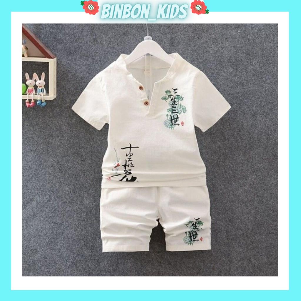 Bộ cộc cho bé trai BINBON KIDS, quần áo bé trai chất đũi cực mát in hình cây sen cho bé từ 6-27kg