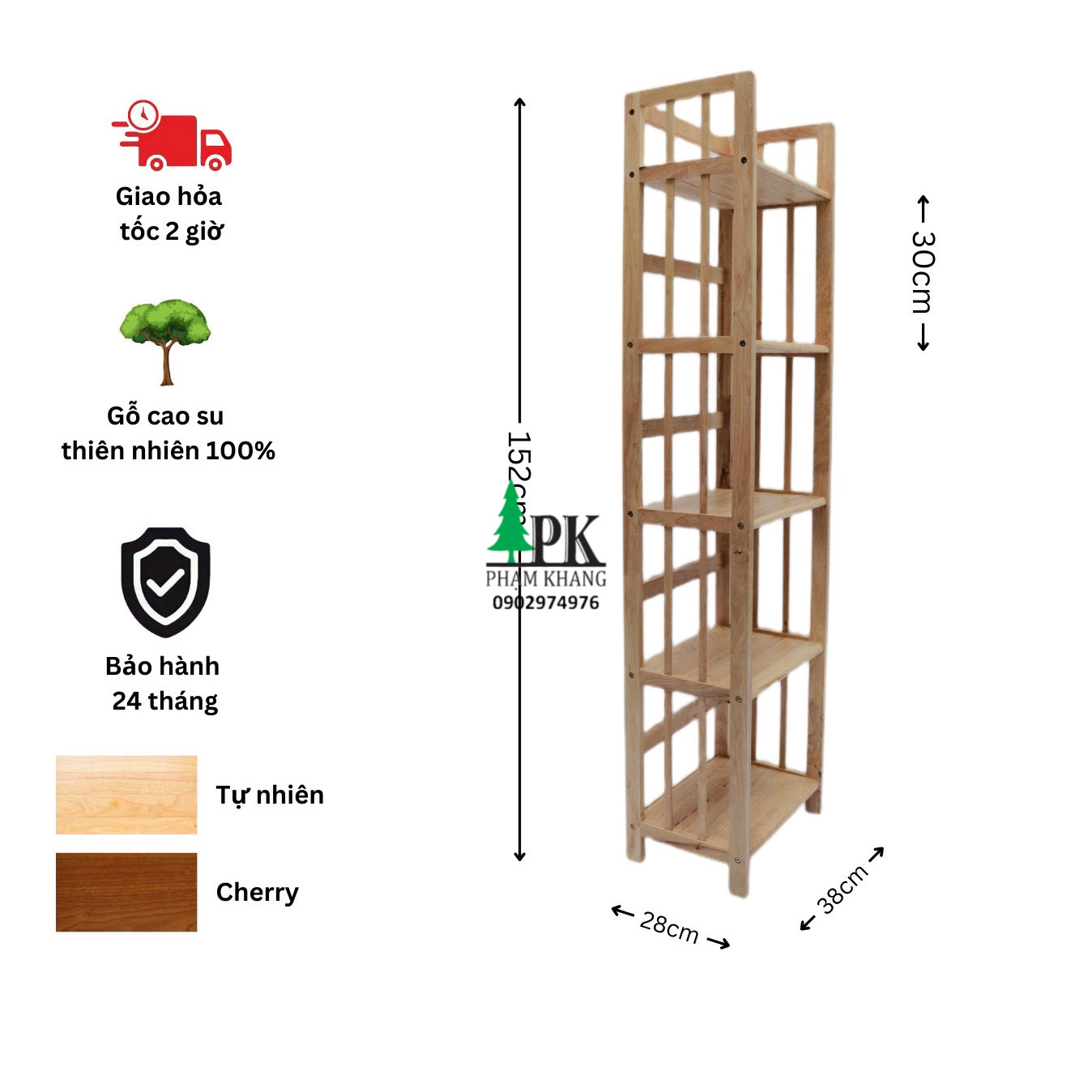 Kệ sách gỗ Phạm Khang 5 tầng rộng 38cm màu tự nhiên