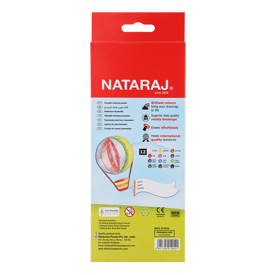 Bút Chì Màu Dài Nataraj 401942 - 12 Màu Erasable