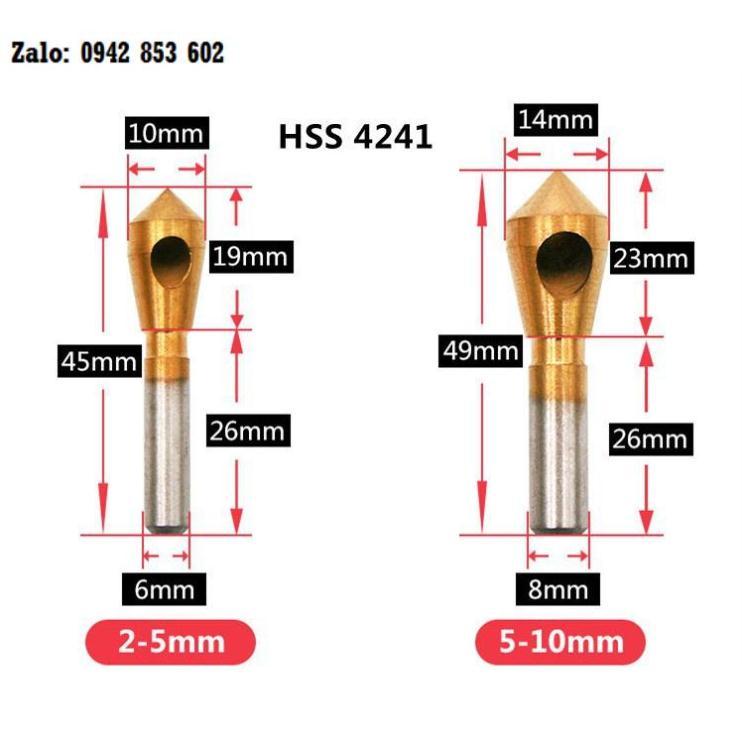BỘ 4 MŨI DOA LỖ KIM LOẠI HSS 4241 ĐẦU NÓN LỖ PHAY XIÊN PHỦ TITANIUM