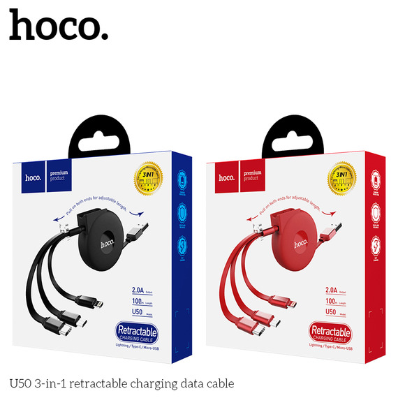 Cáp Sạc Đa Năng Hoco U50 - 3 Đầu (Lightning, Micro, TyPe-C) + Tặng Kèm Ghế Đỡ Điện Thoại Chữ O - Hàng Chính Hãng