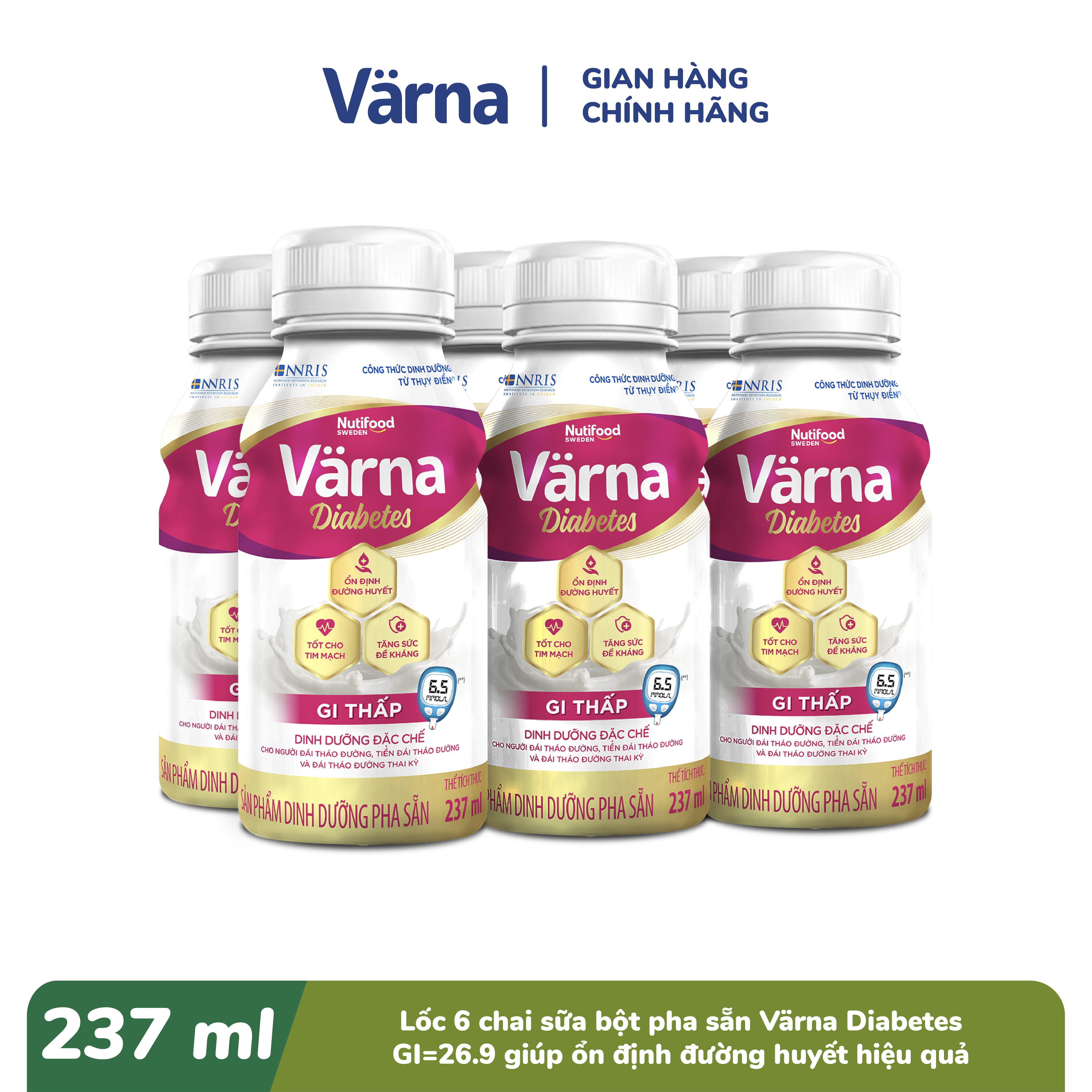 Thùng Sữa Bột Pha Sẵn Värna Diabetes chai (Hộp 24 x 237ml)