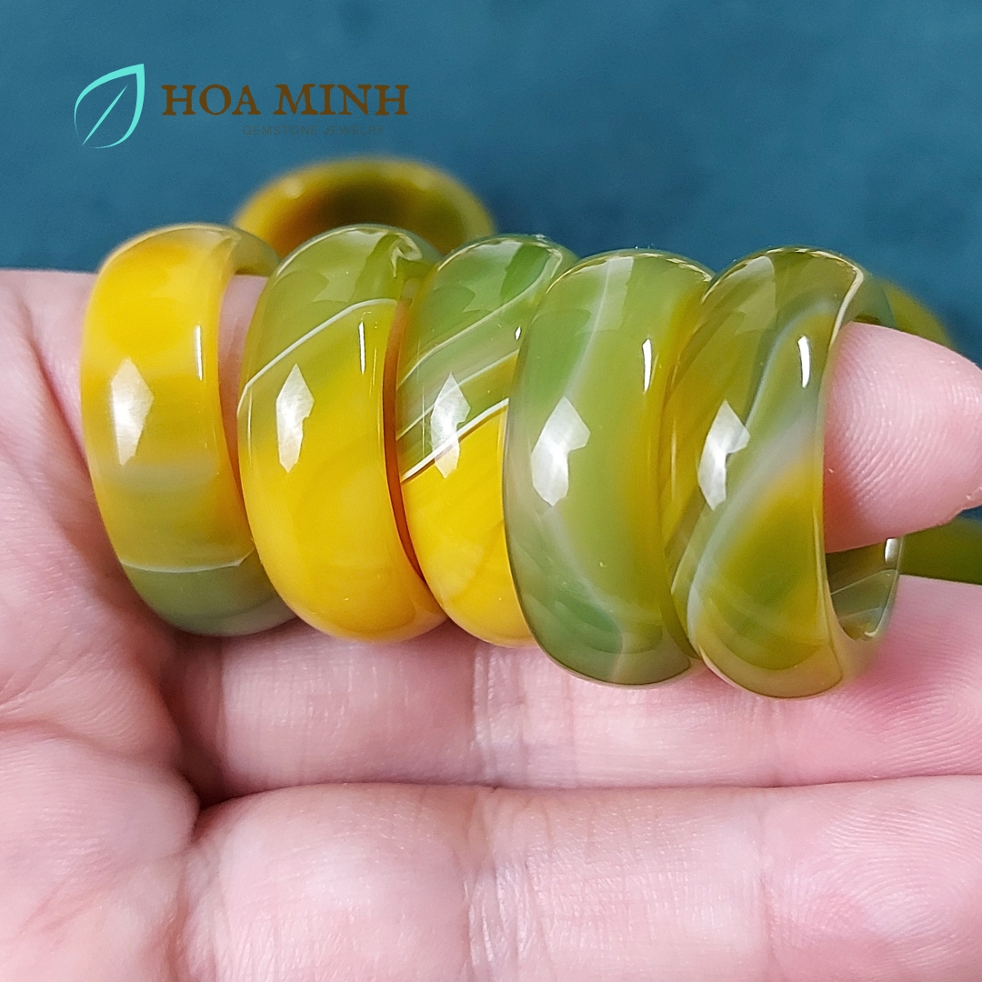 Nhẫn đá Mã Não vàng ngả xanh cốm VIP đẹp size lớn đường kính 19mm dày nhẫn 9 li big size nhẫn nam nhẫn nữ