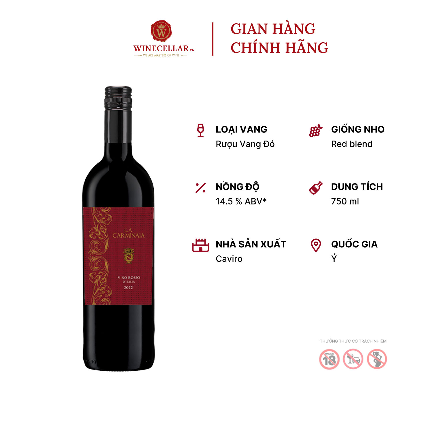 Rượu Vang Đỏ La Carminaia Vino Rosso D'italia - Nhập Khẩu Chính Hãng