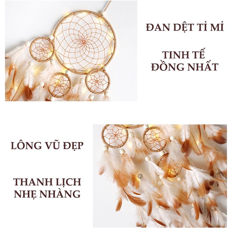 Dreamcatcher lông vũ gắn đèn, Đèn led trang trí phòng ngủ treo tường