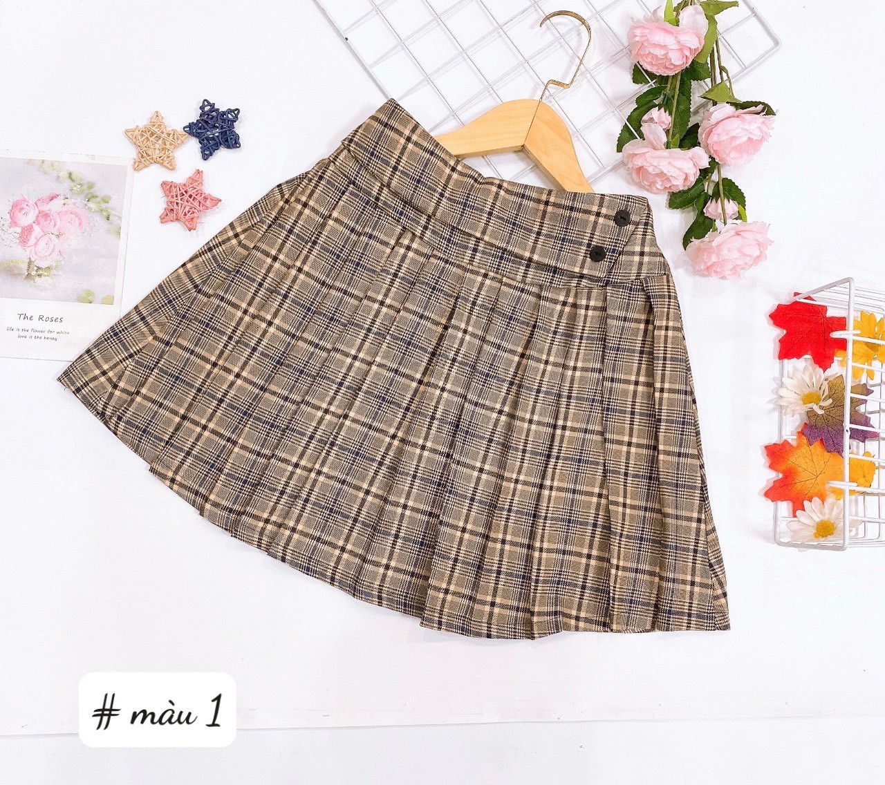 Chân váy bé gái size đại, Chân váy xếp ly cho bé 6-14 tuổi kẻ đính cúc xanh kiểu dáng thời trang