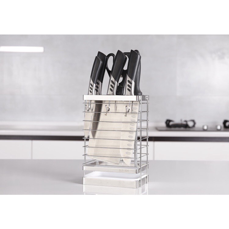 Kệ Đựng Dao Kéo Inox 304 Kèm 3 Móc Treo Và Khay Hứng Nước, Chống Rỉ