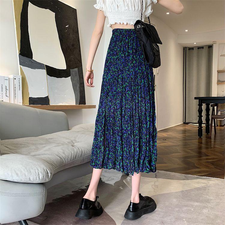 DONGSHOP Cao cấp hoa xẻ tà nửa người váy mùa xuân và mùa hè 2023 Vintage thả cảm thấy gầy váy xếp li một chữ dài váy