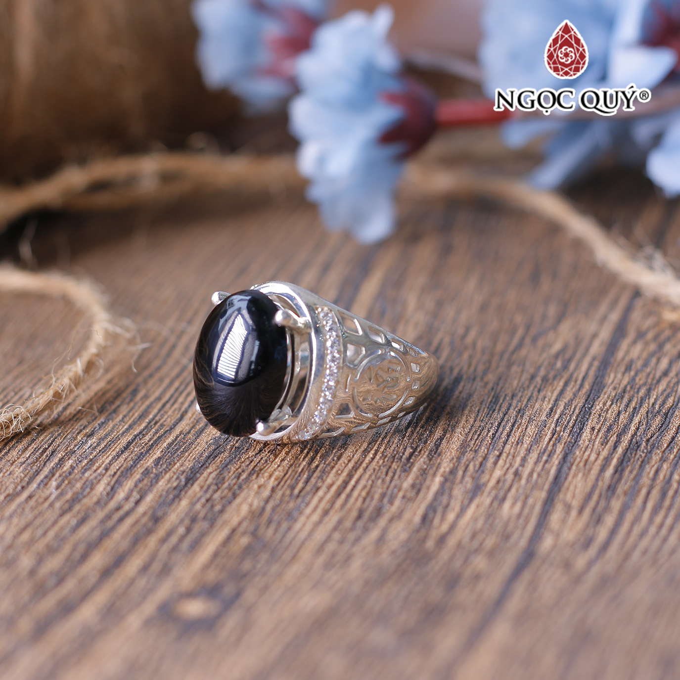 Nhẫn bạc nam mặt đá obsidian đường kính 19 mm mệnh thủy , mộc - Ngọc Quý Gemstones