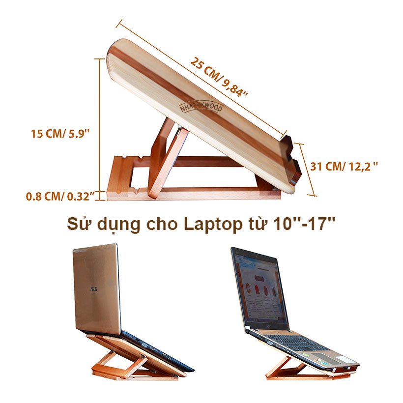 Kệ laptop thông minh có thể gấp gọn vào balô mang đi, kệ để laptop cho nhân viên văn phòng, giá kê laptop, giá đỡ laptop để bàn, kệ đỡ laptop bằng gỗ Nhatvywood NVLP05