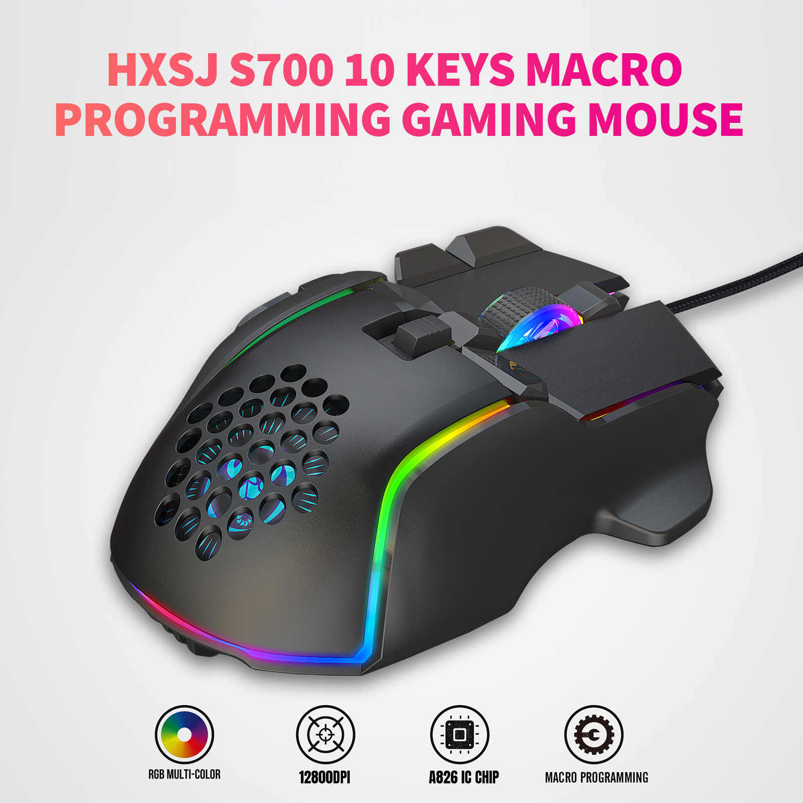 HXSJ S700 10 Keys Wired Gaming Mouse Macro Programming Ergonomic Mice with 6 Adjustable DPI RGB Light Effect