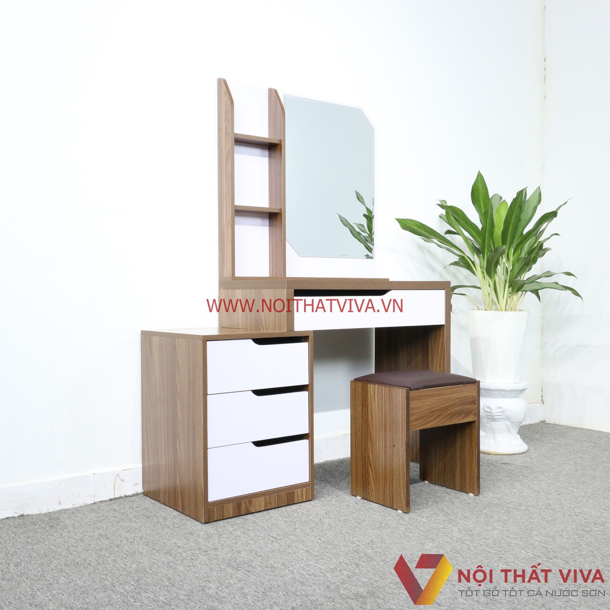 Bàn Trang Điểm 2 Tầng Gỗ MDF Melamine Màu Óc Chó Phối Trắng Hiện Đại