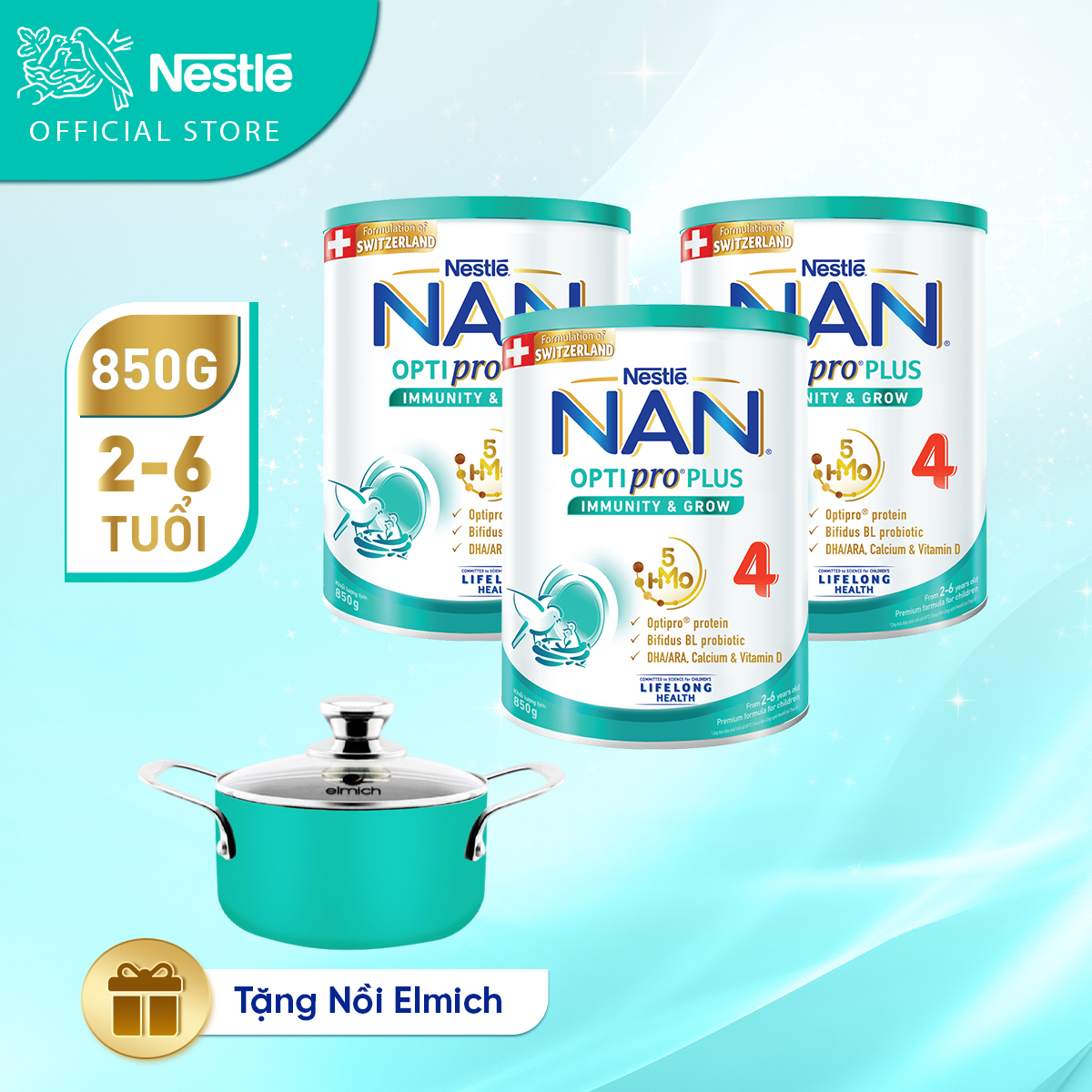 Combo 3 Sữa Bột Nestlé NAN OPTIPRO PLUS 4 850g/lon với 5HMO Hỗ trợ Đề Kháng - Tiêu Hóa - Trí Não &amp; Chiều Cao - Tặng Nồi Elmich