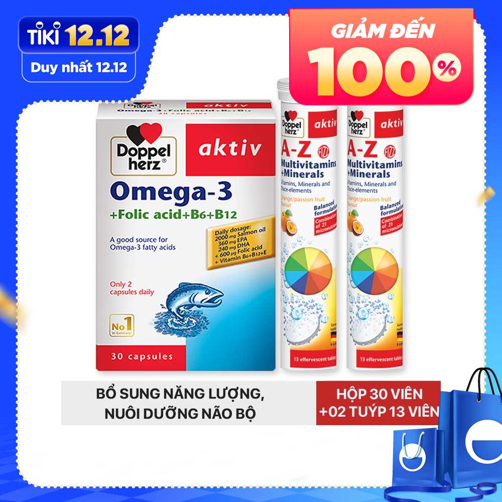 Combo bổ sung vitamin, khoáng chất, bổ não và tim mạch Doppelherz Omega 3 (30 viên) + 02 tuýp sủi A-Z Fizz (13 viên)