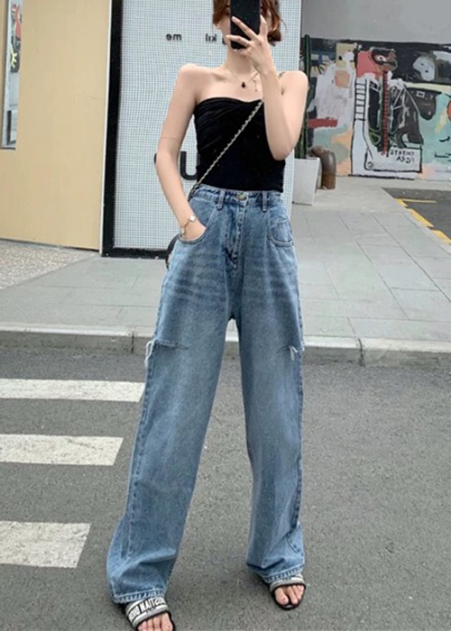 Quần jeans nữ ống rộng rách 2 đùi, thời trang phong cách trẻ