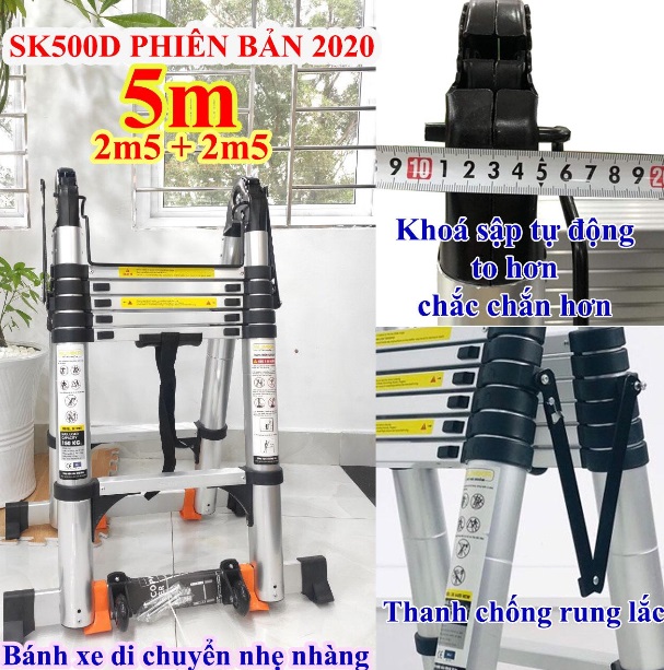 Thang nhôm rút chữ A Sumika SK 500D (2.5M+2.5M) - duỗi thẳng cao 5.0m, 8 đế cao su chống trượt, có bánh xe kéo, khóa chốt cao cấp, bậc thang thiết kế chống trượt, thanh giằng giữa 2 bên thang - Luôn Có Phụ Kiện Thay Thế