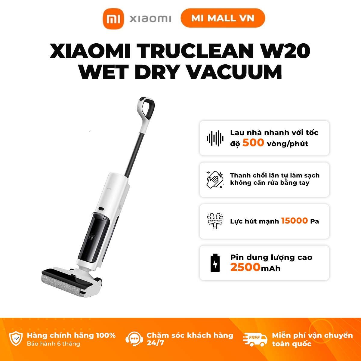 Máy Hút Bụi Lau Nhà Xiaomi Truclean W20 Wet Dry Vacuum | Lực hút mạnh 15.000Pa | Loại Bỏ Bụi Khô &amp; Vết Bẩn Ướt - Hàng Chính Hãng