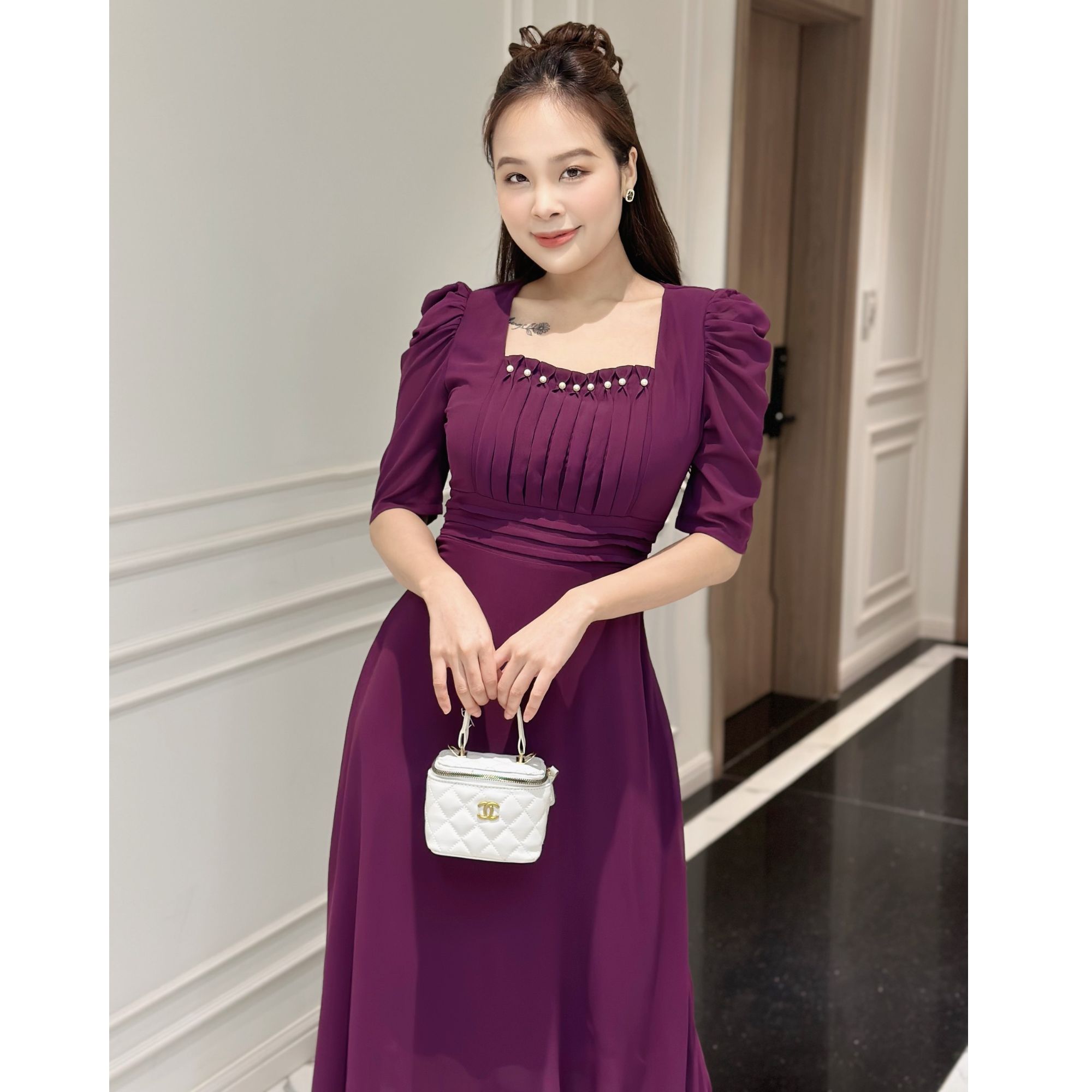 Đầm Xòe Trung Niên chất Chiffon Cổ Vuông Dáng Dài - Chất mịn, mát, co giãn nhẹ - Size M,L,XL,2X,3XL - Màu xanh, tím than, cam đất