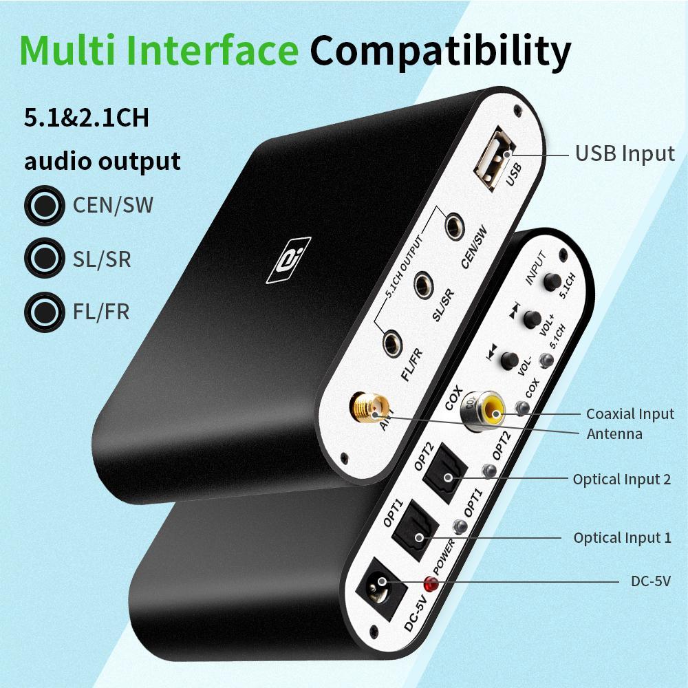 DA615 5.1CH Bộ giải mã âm thanh Bộ thu Bluetooth 5.0 DAC Bộ chuyển đổi âm thanh không dây Quang học đồng trục AUX USB Chơi đĩa DAC DTS AC3 FLAC