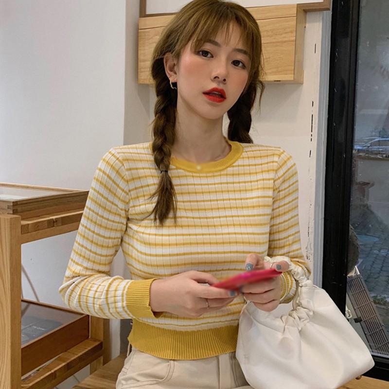 Áo Sweater Dệt Kim Tay Dài Hoạ Tiết Kẻ Sọc Màu Tương Phản Cho Nữ