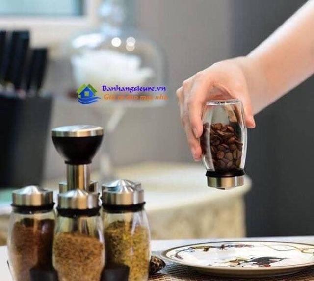 Bộ 6 hũ gia vị thuỷ tinh cao cấp kèm đế xoay sang chảnh