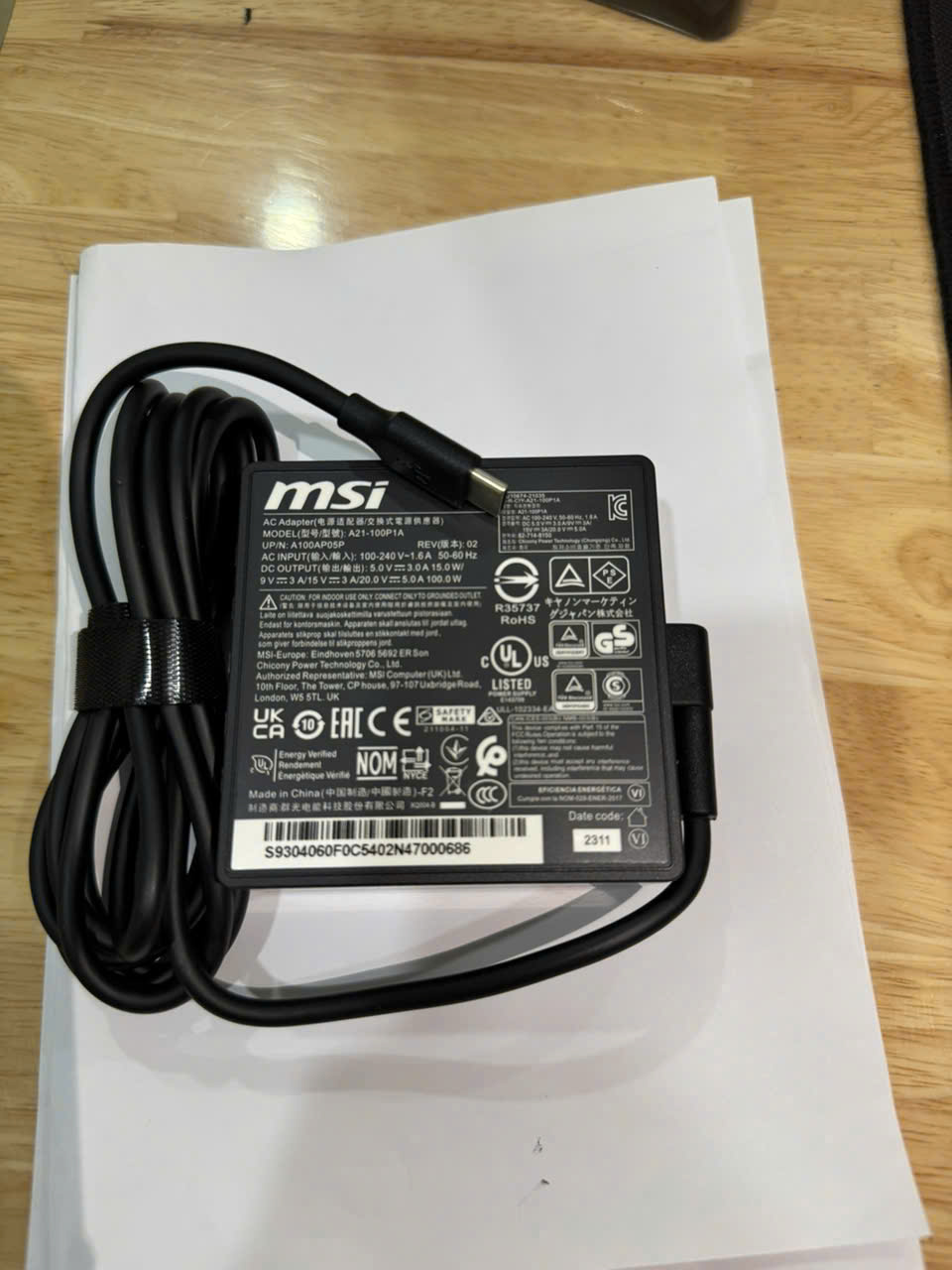 Sạc dành cho Laptop MSI 100W AC Adapter Type C Charger MSI Prestige 14 A12 14 H B13UCX 14 EVO B13M MSI Prestige 15 A11 MSI Prestige 16 A12UD HÀNG NHẬP KHẨU