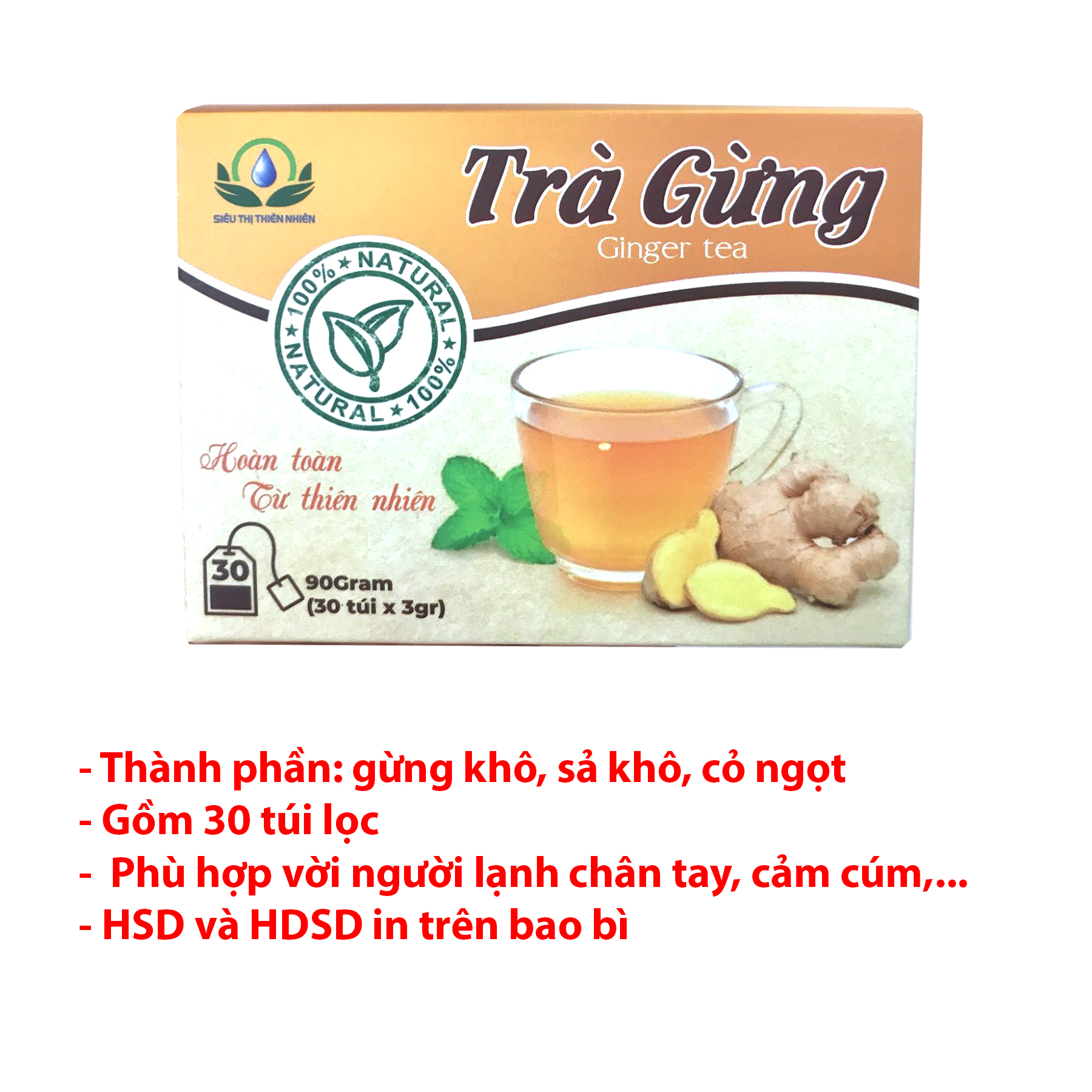 Trà Gừng hộp 30 Túi Lọc x 3gram Siêu Thị Thiên Nhiên, giải cảm, giảm ho, làm ấm cơ thể