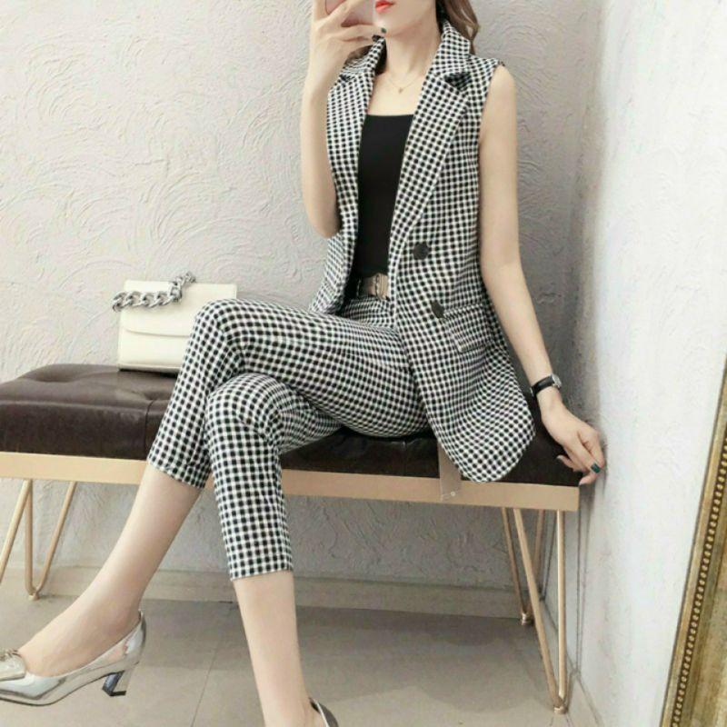 SET BỘ 3 MÓN KIỂU VEST CARO KÈM BELT