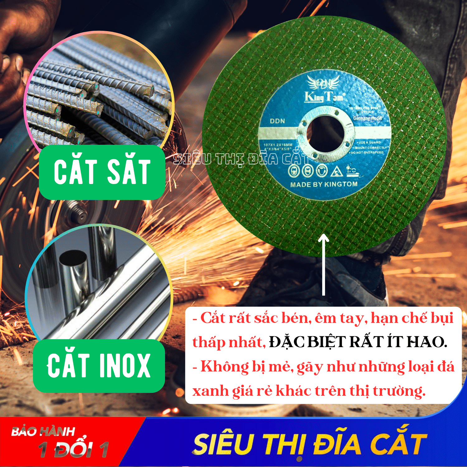 Hộp 50 Viên Đá Cắt Sắt - Inox KingTom Xanh 107 - Bén - Ít Bụi - Giá Siêu Tốt