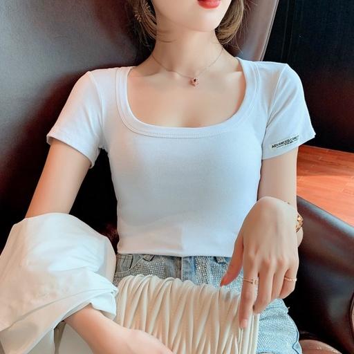 Áo thun nữ cổ vuông dáng ôm body ngắn tay Madela, Áo phông nữ cổ vuông tay ngắn kiểu Croptop- AT01