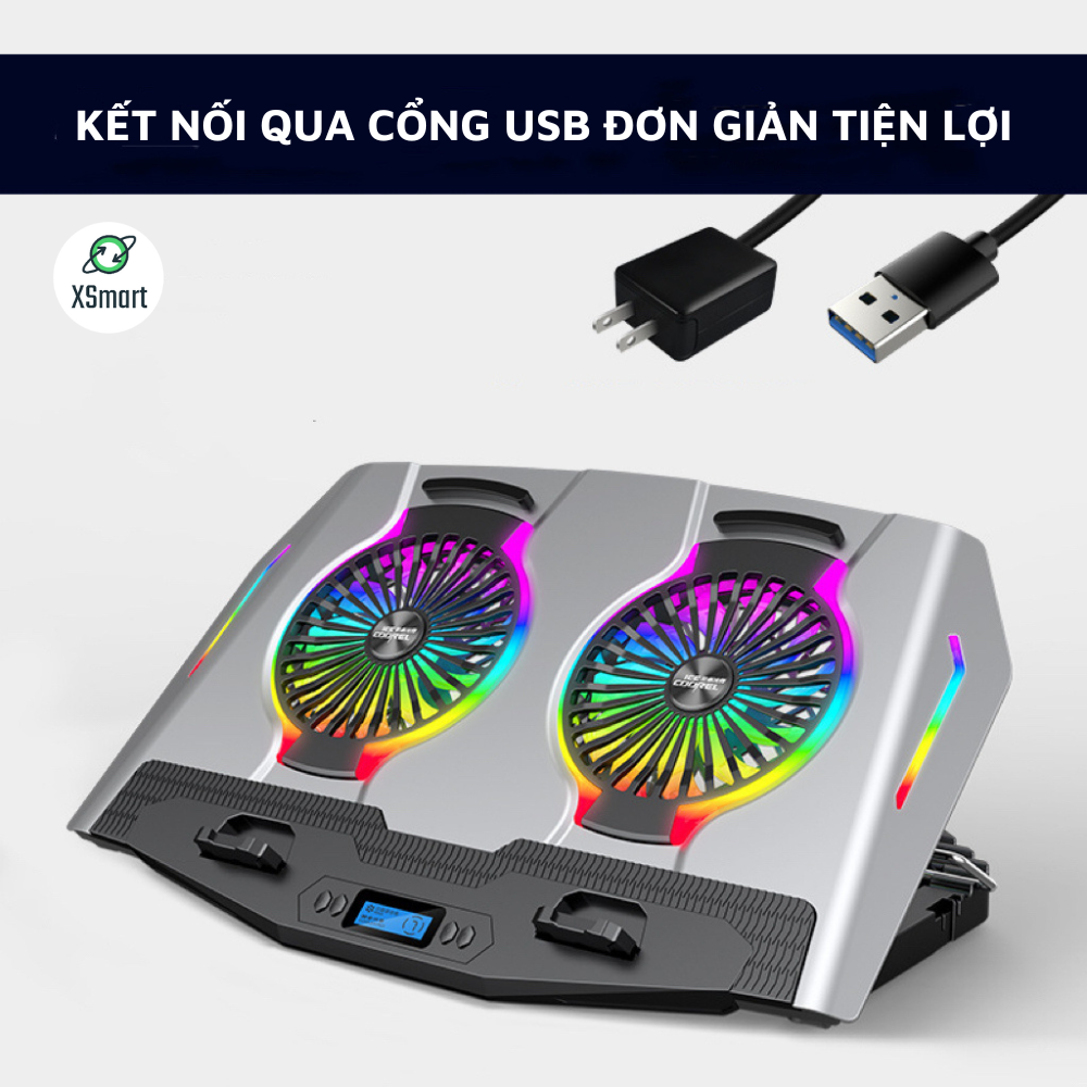 Đế Giá Đỡ Quạt Tản Nhiệt N9 Cao Cấp Hệ Thống Quạt Kép Turbo Cực Mát Led RGB 7 Chế Độ, Chất Liệu Hợp Kim Nhôm Cao Cấp, Tương Thích Với Laptop Dưới 17Inch-Hàng Chính Hãng