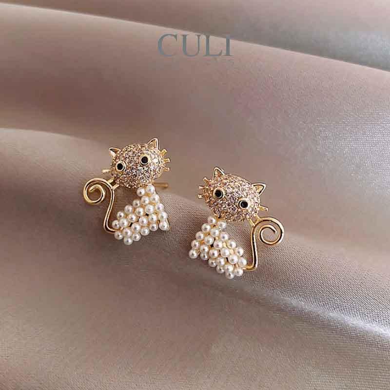 Hình ảnh Khuyên tai, bông tai hình mèo đính đá cute, độc đáo HT617 - Culi accessories