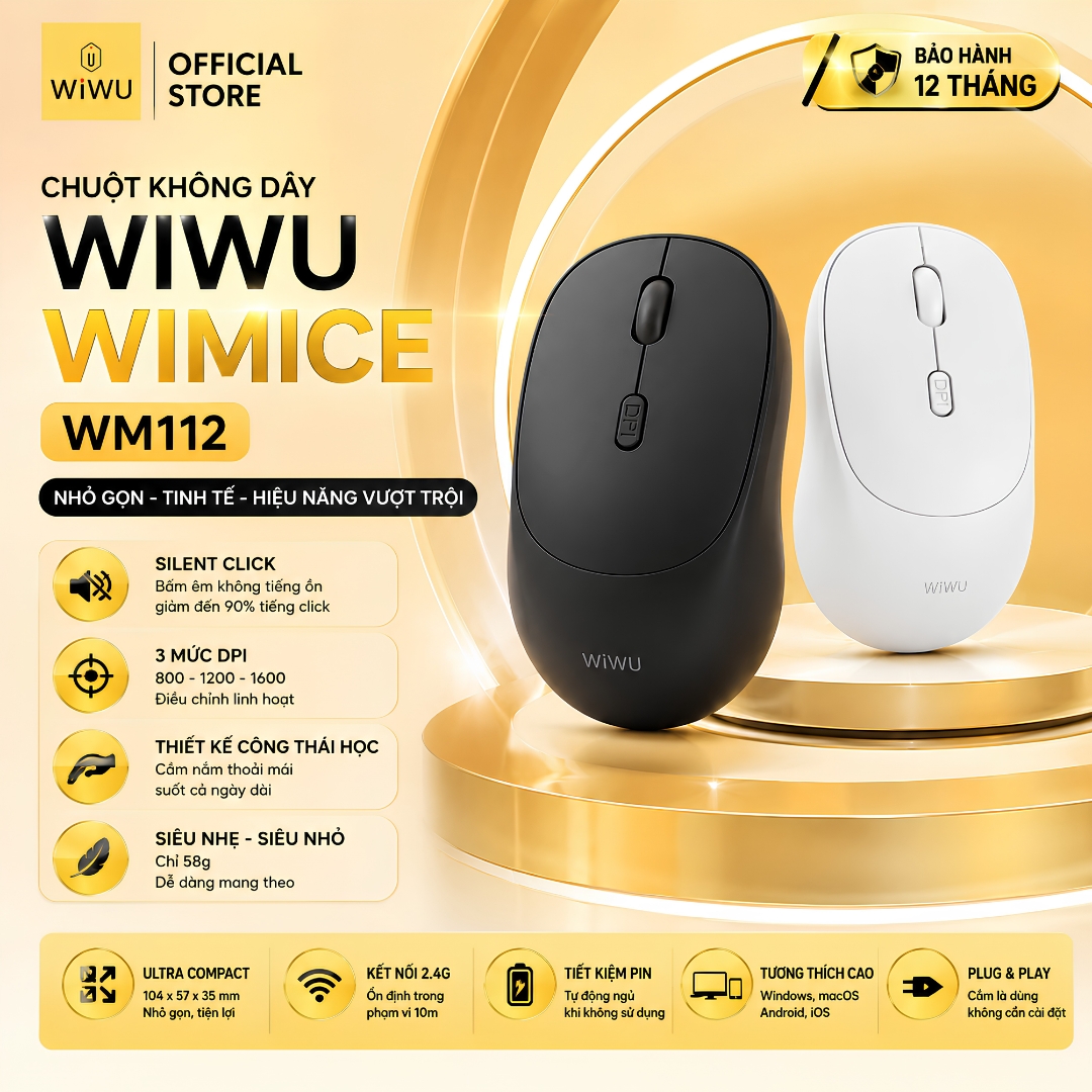 Chuột Không Dây WiWU WIMICE WM112 PrecisionFlow Wireless Mouse - Silent Click Êm Ái Tương Thích MacBook Windows Laptop, 2.4G SIÊU ỔN ĐỊNH | DPI 800-1200-1600 | SIÊU NHẸ 58G - Hàng nhập khẩu