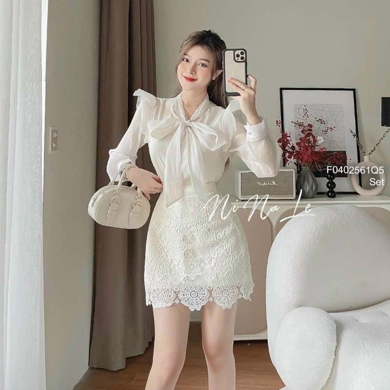 Set áo sơ mi cột nơ kèm chân váy ren tiểu thư