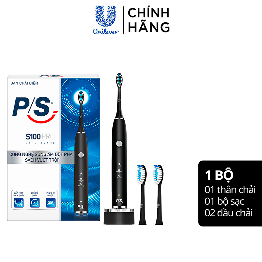 Hình ảnh Bàn Chải Điện P/S S100 PRO Trắng Răng Công Nghệ Sóng Âm Đen Nhám Chải Sạch Mảng Bám Tới 10X 1 Bộ