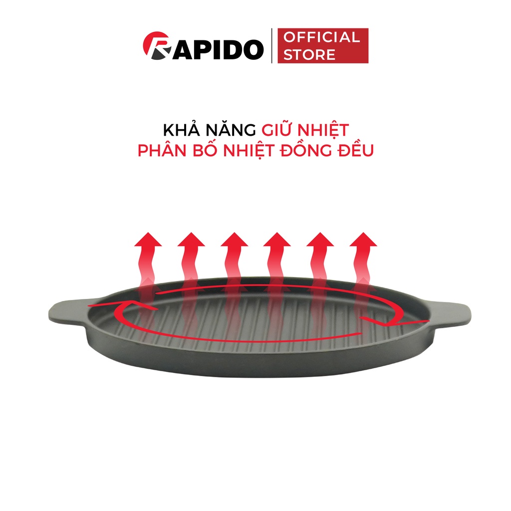 Chảo gang nướng chống dính Rapido size 24, 26 dùng bếp từ và mọi loại bếp - Hàng chính hãng