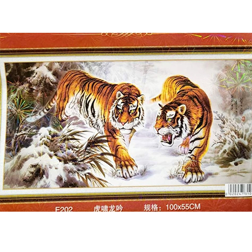 Tranh thêu chữ thập lưỡng hổ tranh hùng - nhiều kích thước