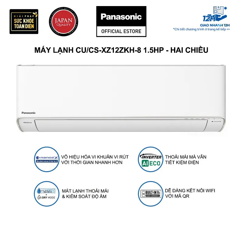 Máy lạnh/Điều hòa Panasonic CU/CS-XZ12ZKH-8 - Công suất 1.5HP - Hai chiều - Lọc sạch không khí nanoeX - Kết nối wifi - Hàng chính hãng