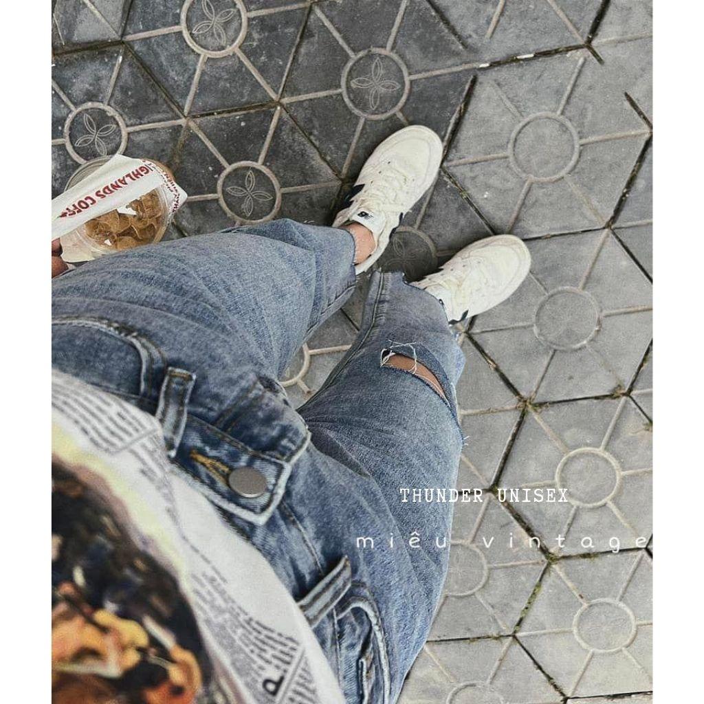 Quần Jean Nữ Ống Đứng Lưng Cao Gấu Rách Cá Tính Quần Ống Đứng Rộng ThunderUnisex Phong Cách Hàn Quốc Ulzzang