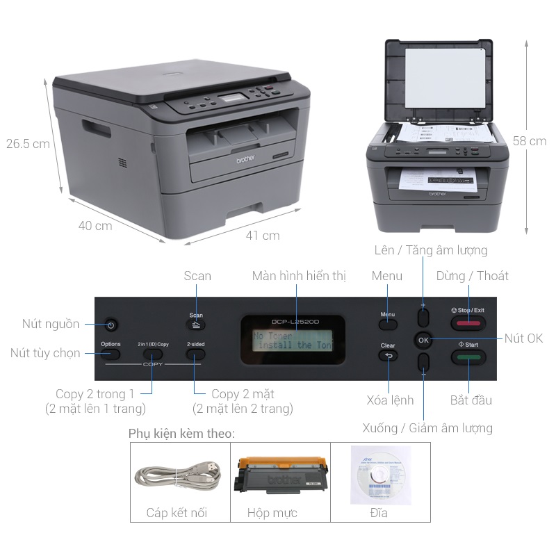 Máy in laser đa năng đen trắng Brother DCP-L2520D (In laser/ Photocopy/ Scan màu) - hàng chính hãng