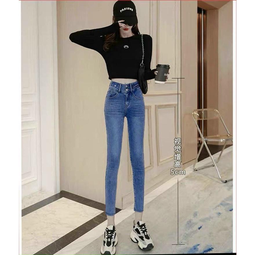 Quần jean dài nữ lưng cao chất jean co giãn - Hàng VNXK - Mã 2112
