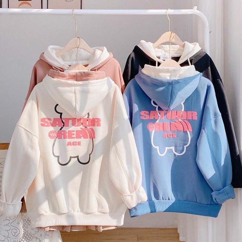 Áo Hoodie Nỉ Bông 2 NÓN THÊU GẤU Form Rộng FREE SIZE Unisex Ulzzang, Áo khoác hodie form rộng(có ảnh thật) có khoá kéo, Áo khoác nỉ ngoại chống nắng