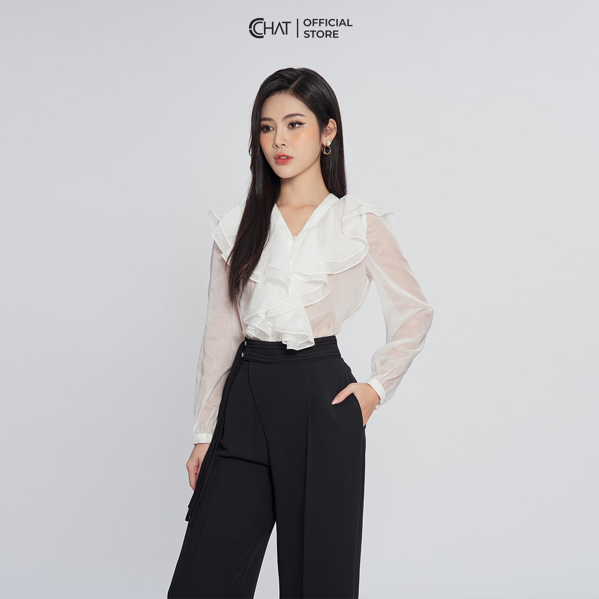Áo Sơ Mi Nữ  Cổ V Bèo 2 Tầng Rủ Chất Voan Cao Cấp 13FDV2010ST