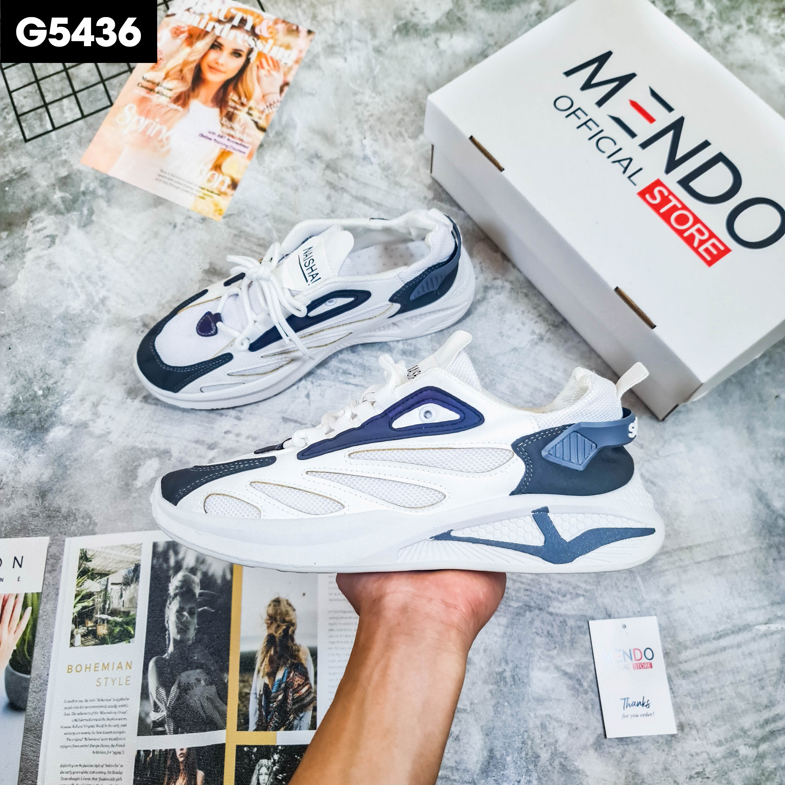 Giày Thể Thao Nam MENDO - Giày Sneaker Màu Trắng - Xám, Đế Giày Chạy Bộ Chống Sốc - G5436