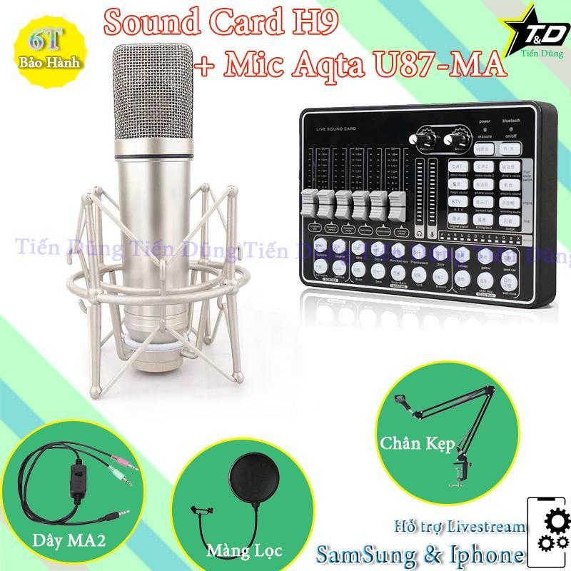 Bộ Combo Mic Thu Âm Karaoke U87 MA và Sound Card H9 Có Bluetooth Auto-tune Đi Kèm Dây Livestream MA2 Chân Kẹp Màng Lọc