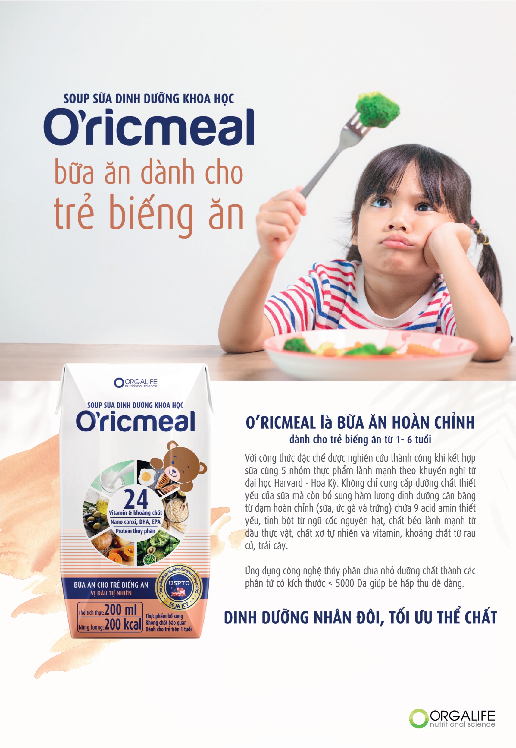 Thùng 36 hộp soup sữa dinh dưỡng O'ricmeal 200ml/hộp-Trẻ biếng ăn, suy dinh dưỡng, thiếu chất, tăng chiều cao, ngủ ngon