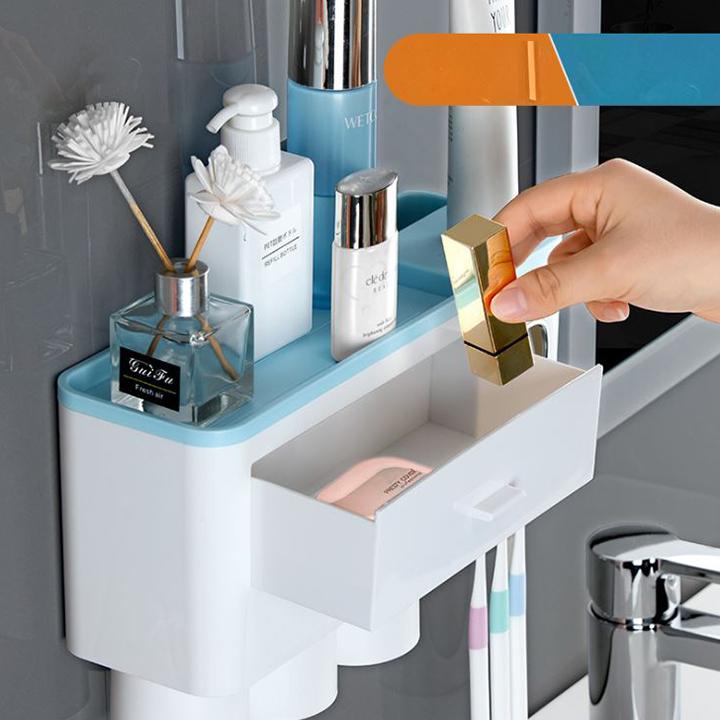 Kệ Treo Bàn Chải Nhả Kem Đánh Răng 4 Cốc 2 Ngăn Kéo Đa Năng Dán Tường Cao Cấp