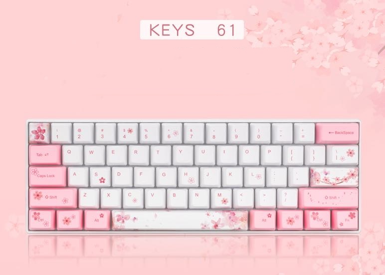 Bộ Keycap (mũ phím) PBT 61 phím – Chính hãng Royal Kludge. Hoạ tiết Sakura - Hoa anh đào. Công nghệ in Dye – sub, bền đẹp. Dành cho bàn phím cơ 61 phím. OEM Profile.